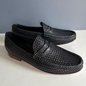 Paul Fredrick Penny Loafer Mens Size 11 Black Woven Leather Dress Shoe Italy NEW